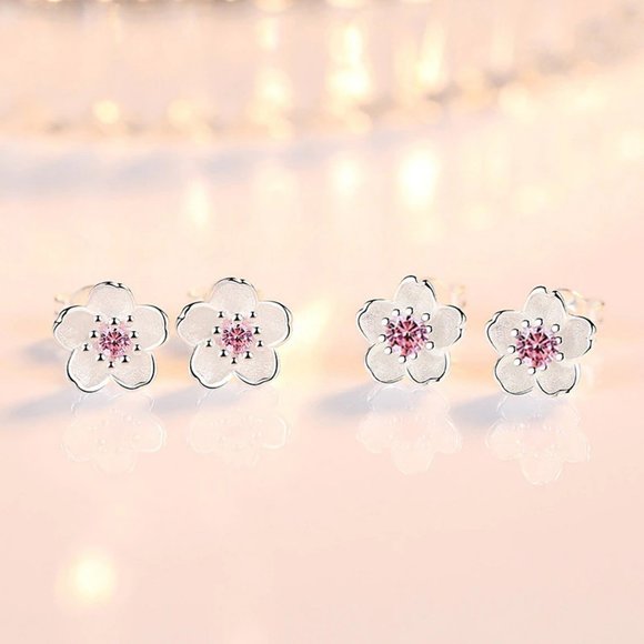 Cherry Flower Blossom Silver Crystal Stud Earrings for Women - Picture 4 of 4